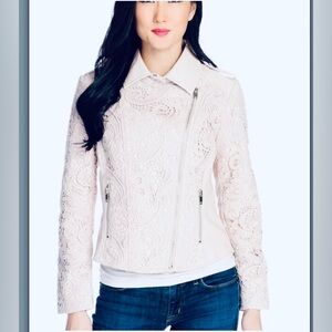 Kate & Mallory Women's Cream my White Faux Leather and Lace Moto Jacket